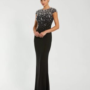 Black Crystal Embellished Jersey Fitted Cap Sleeve Gown