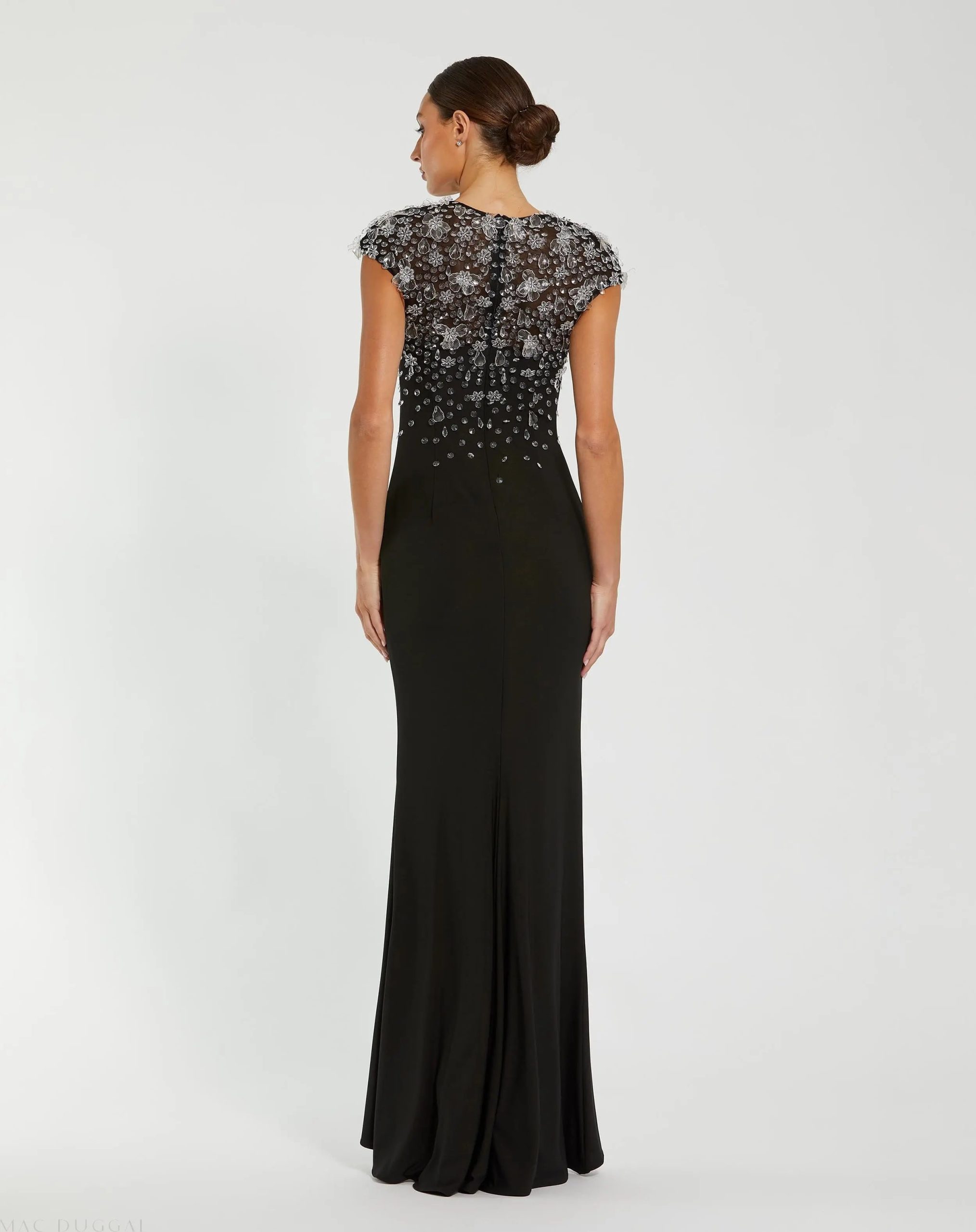 Black Crystal Embellished Jersey Fitted Cap Sleeve Gown - Image 3