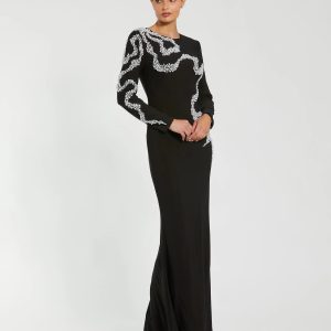 Black Jersey Evening Gown With Beaded Swirl Detail