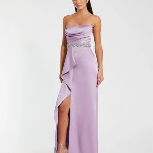 Purple Strapless Satin Gown With Embellished Belt Detail