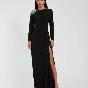 Black Jersey Long Sleeve Wrap Gown With Beaded Shoulder
