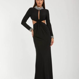Black Embellished Jersey Long Sleeve Cut Out Evening Gown