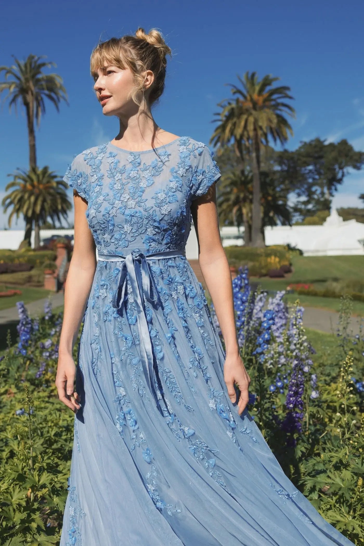 Blue Floral Embellished Cap Sleeve Gown - Image 6