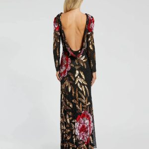 Black Embellished Floral Long Sleeve Backless Gown