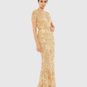 Gold Embellished Fringe Cap Sleeve Trumpet Gown