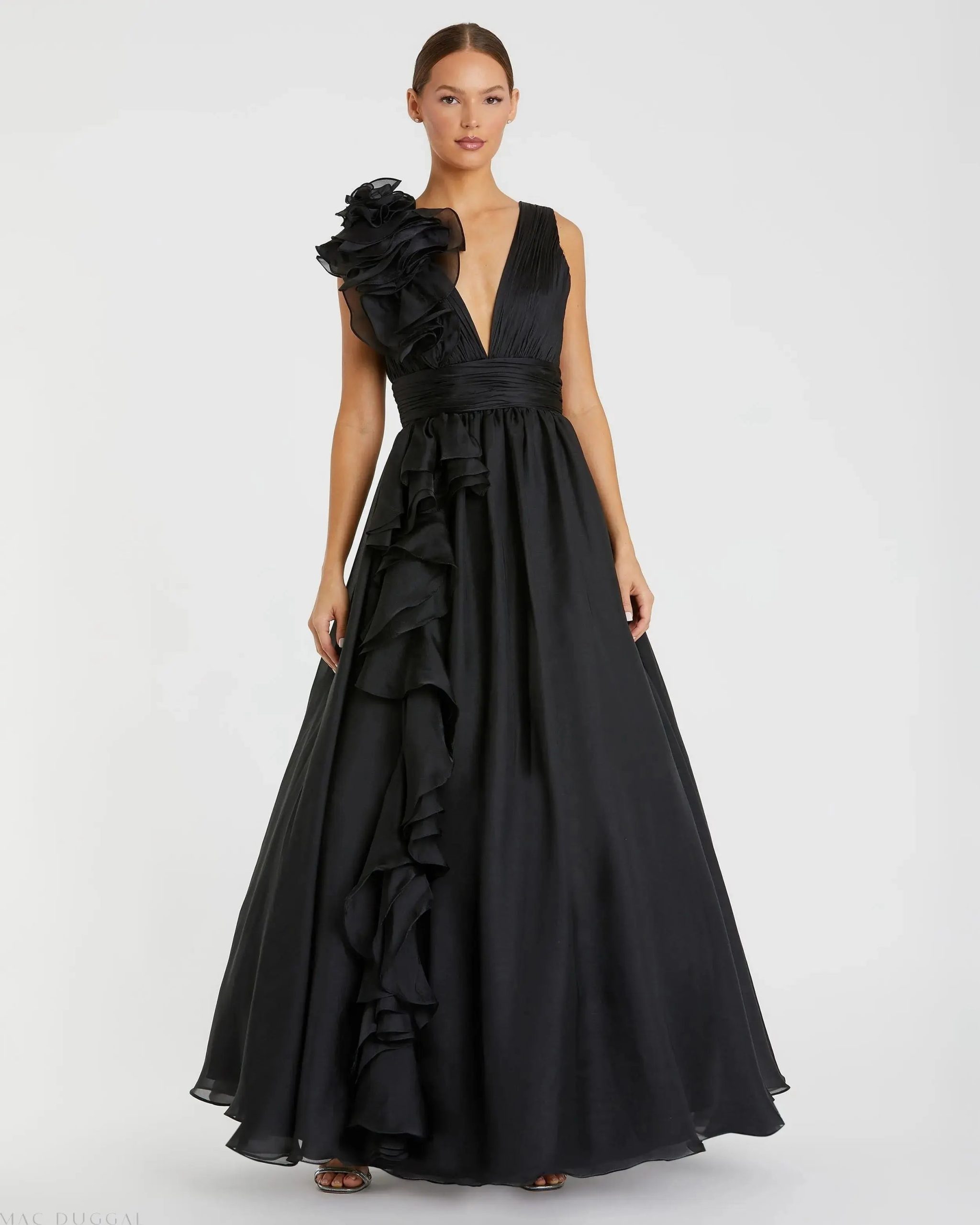 Ruffle Shoulder V-Neck Chiffon Gown - Image 2