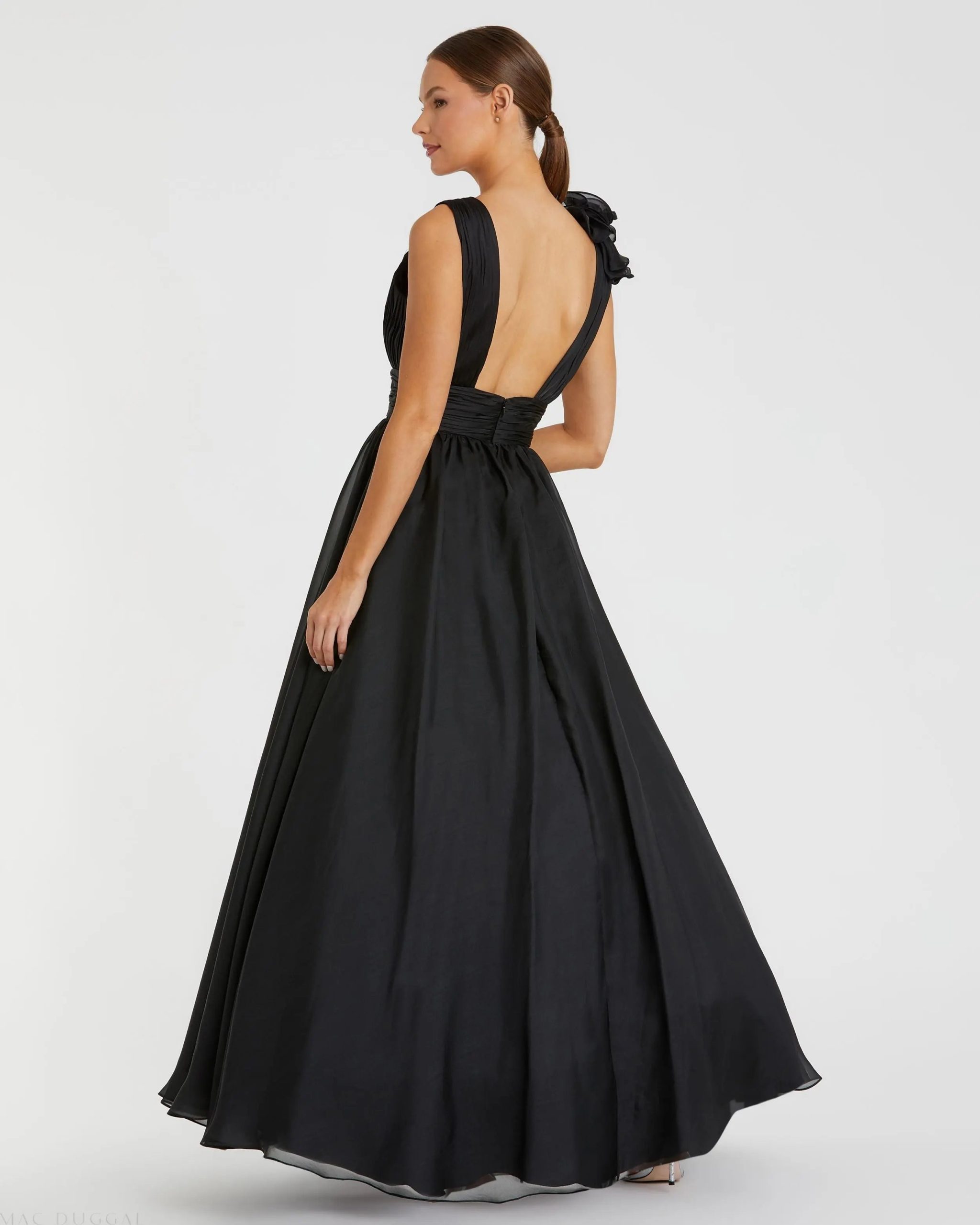 Black Ruffle Shoulder V-Neck Chiffon Gown - Image 3