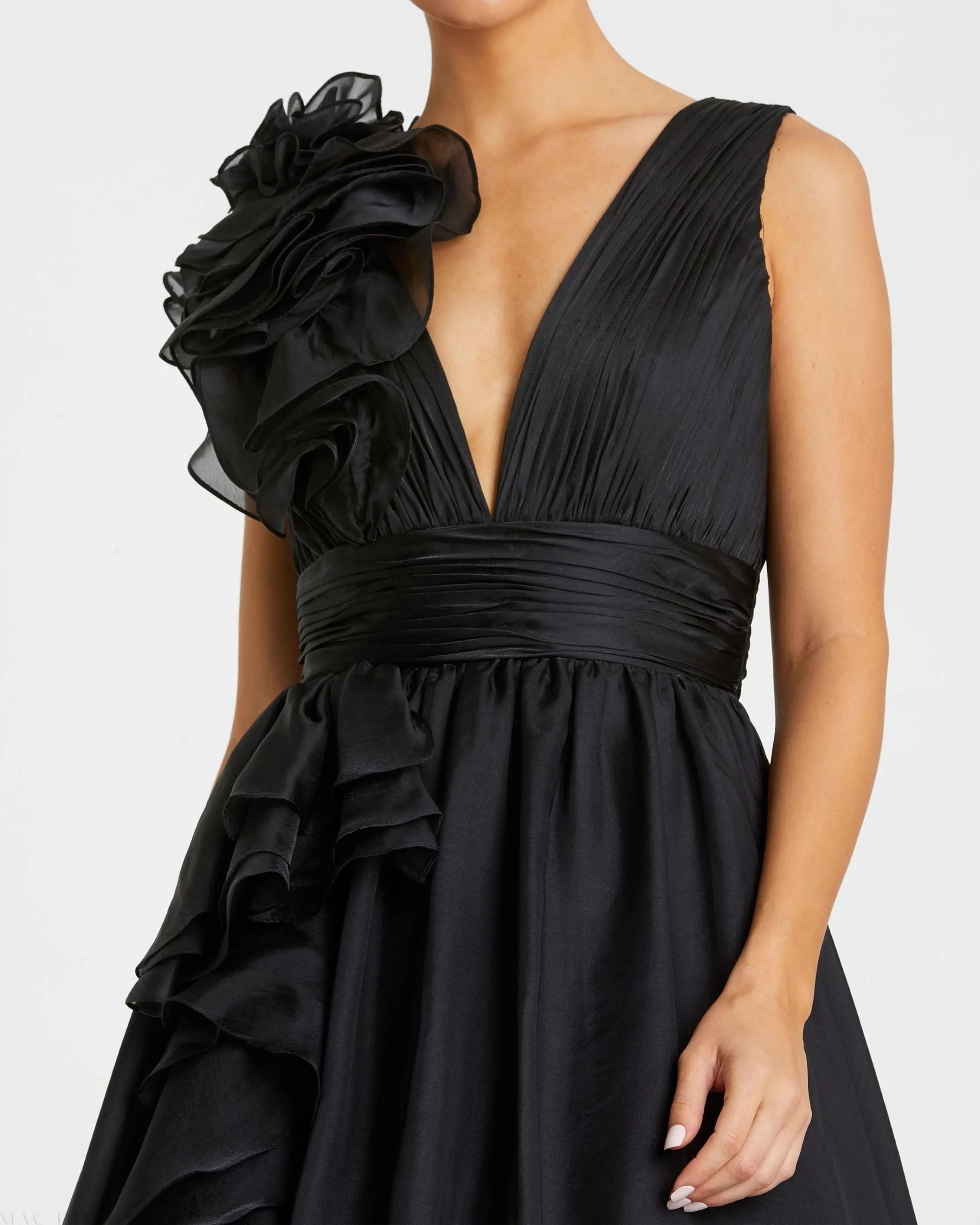 Black Ruffle Shoulder V-Neck Chiffon Gown - Image 2