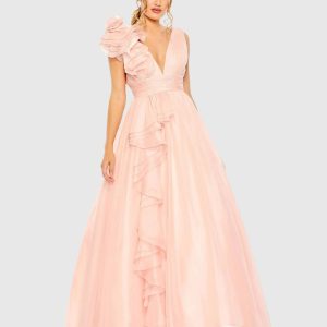 Light Pink Ruffle Shoulder V-Neck Chiffon Gown