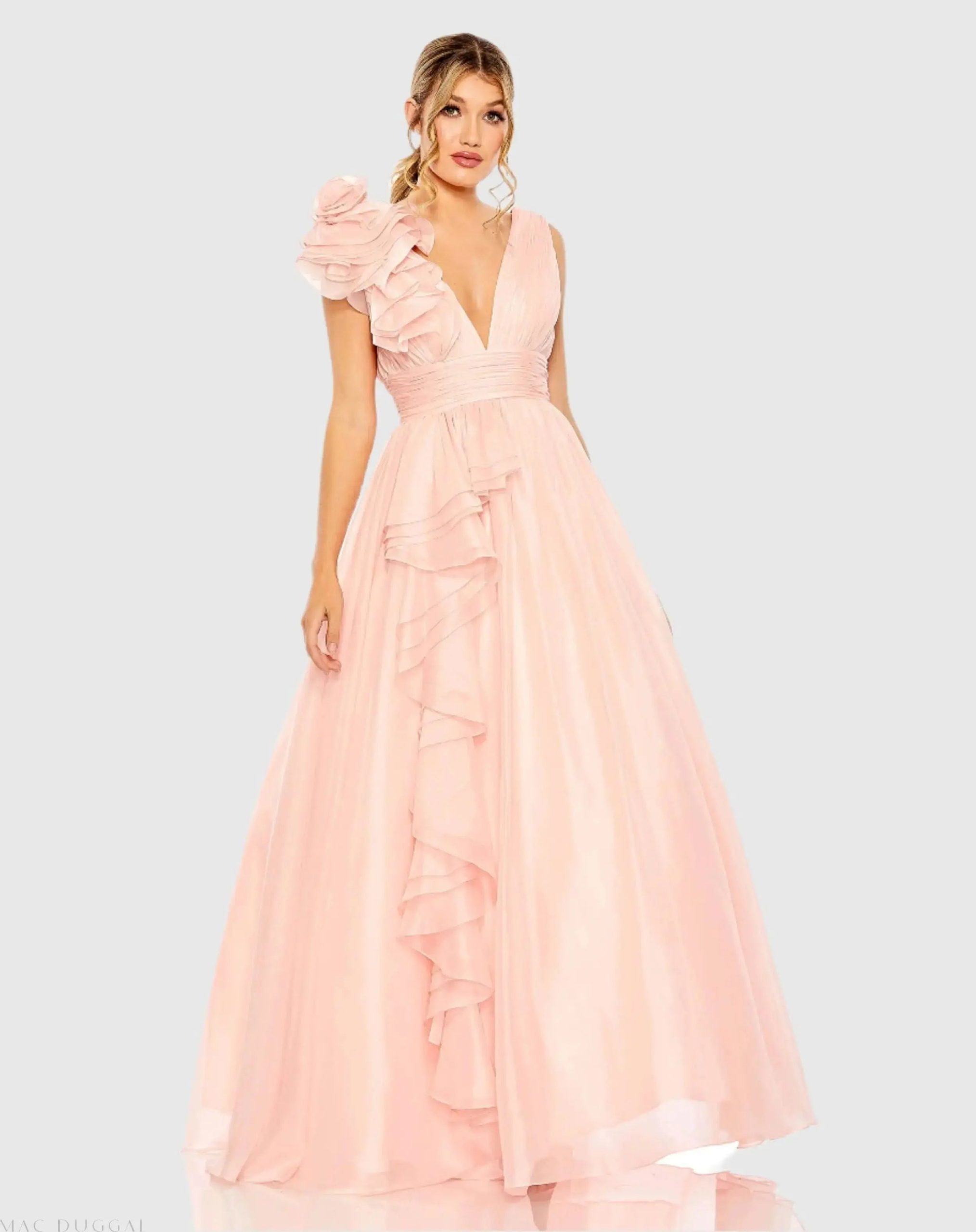 Ruffle Shoulder V-Neck Chiffon Gown - Image 14