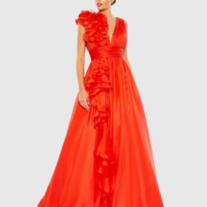 Red Ruffle Shoulder V-Neck Chiffon Gown