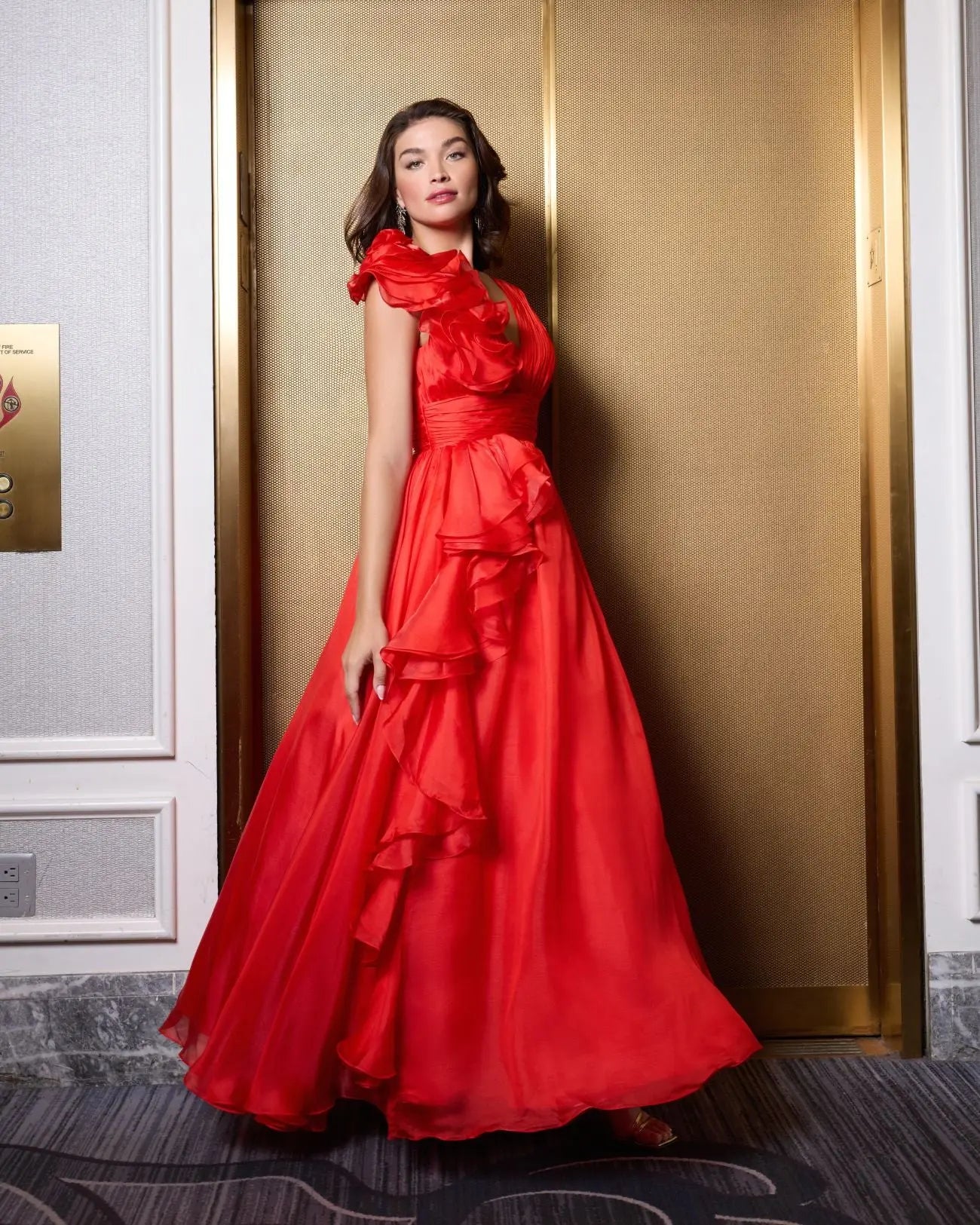 Red Ruffle Shoulder V-Neck Chiffon Gown - Image 4