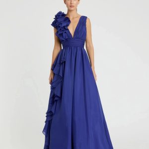 Dark Blue Ruffle Shoulder V-Neck Chiffon Gown