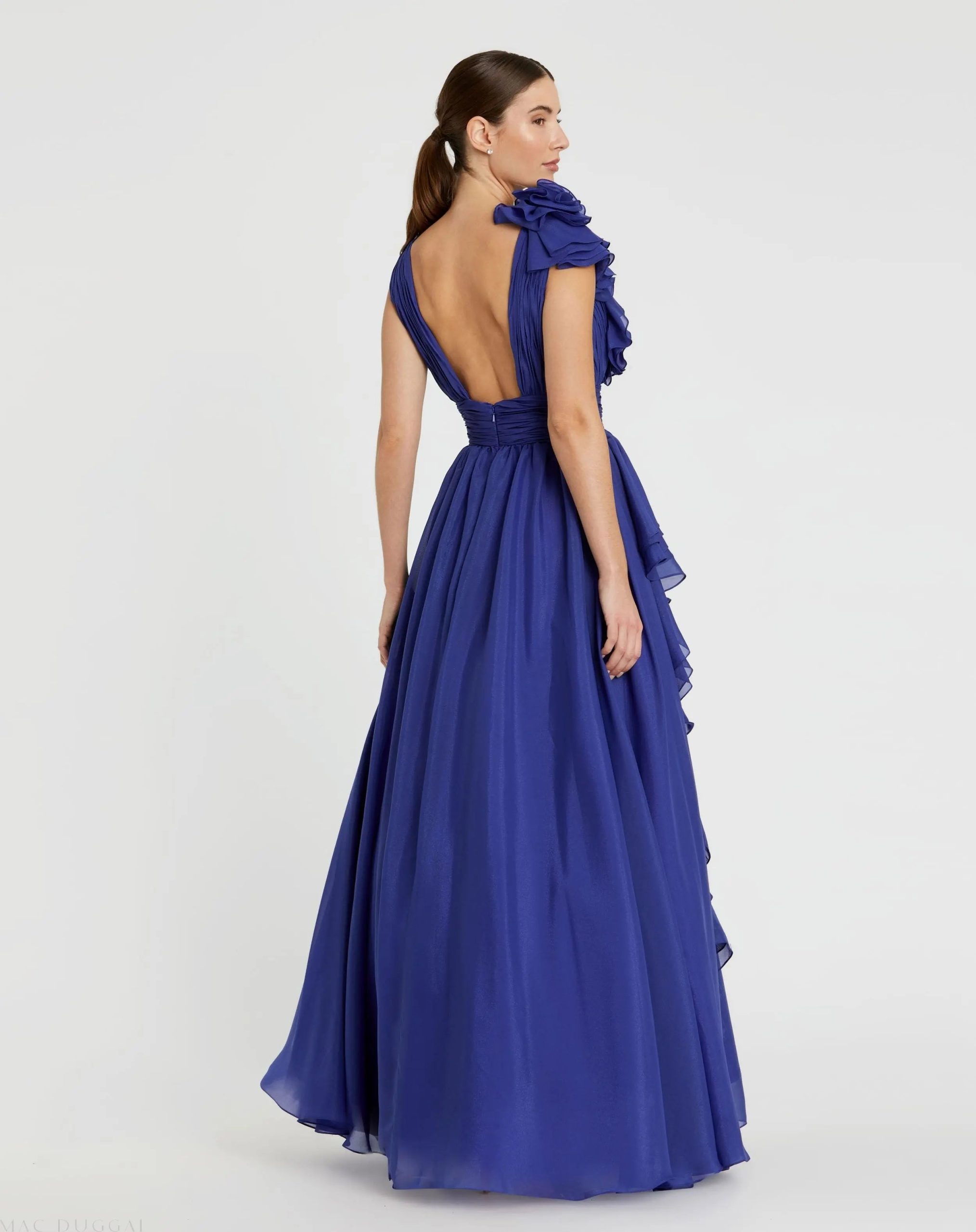 Dark Blue Ruffle Shoulder V-Neck Chiffon Gown - Image 3