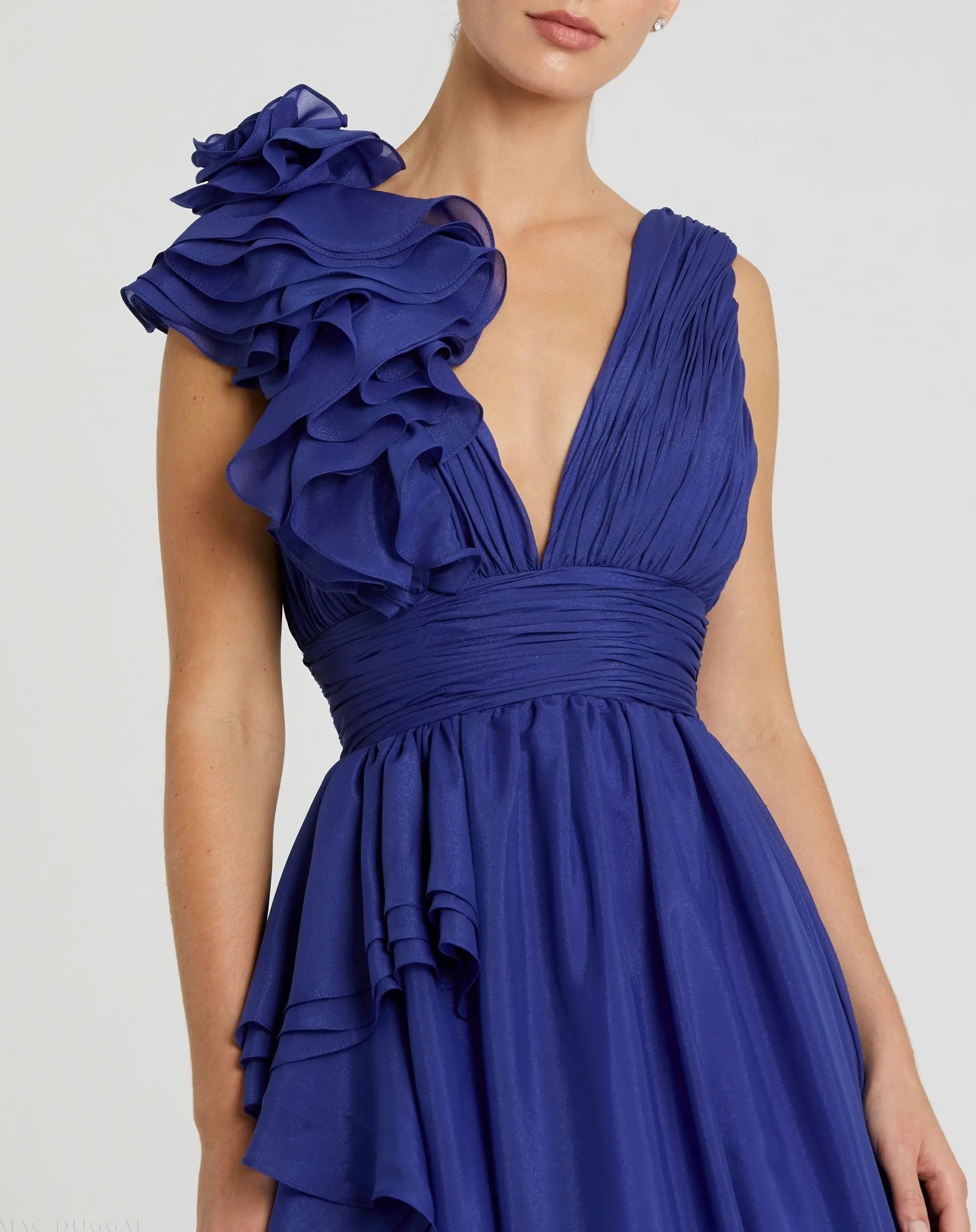 Dark Blue Ruffle Shoulder V-Neck Chiffon Gown - Image 2