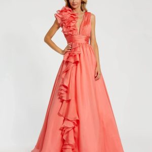 Coral Ruffle Shoulder V-Neck Chiffon Gown