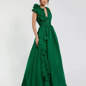 Emerald Green Ruffle Shoulder V-Neck Chiffon Gown