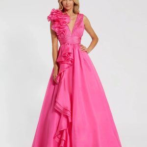 Pink Ruffle Shoulder V-Neck Chiffon Gown