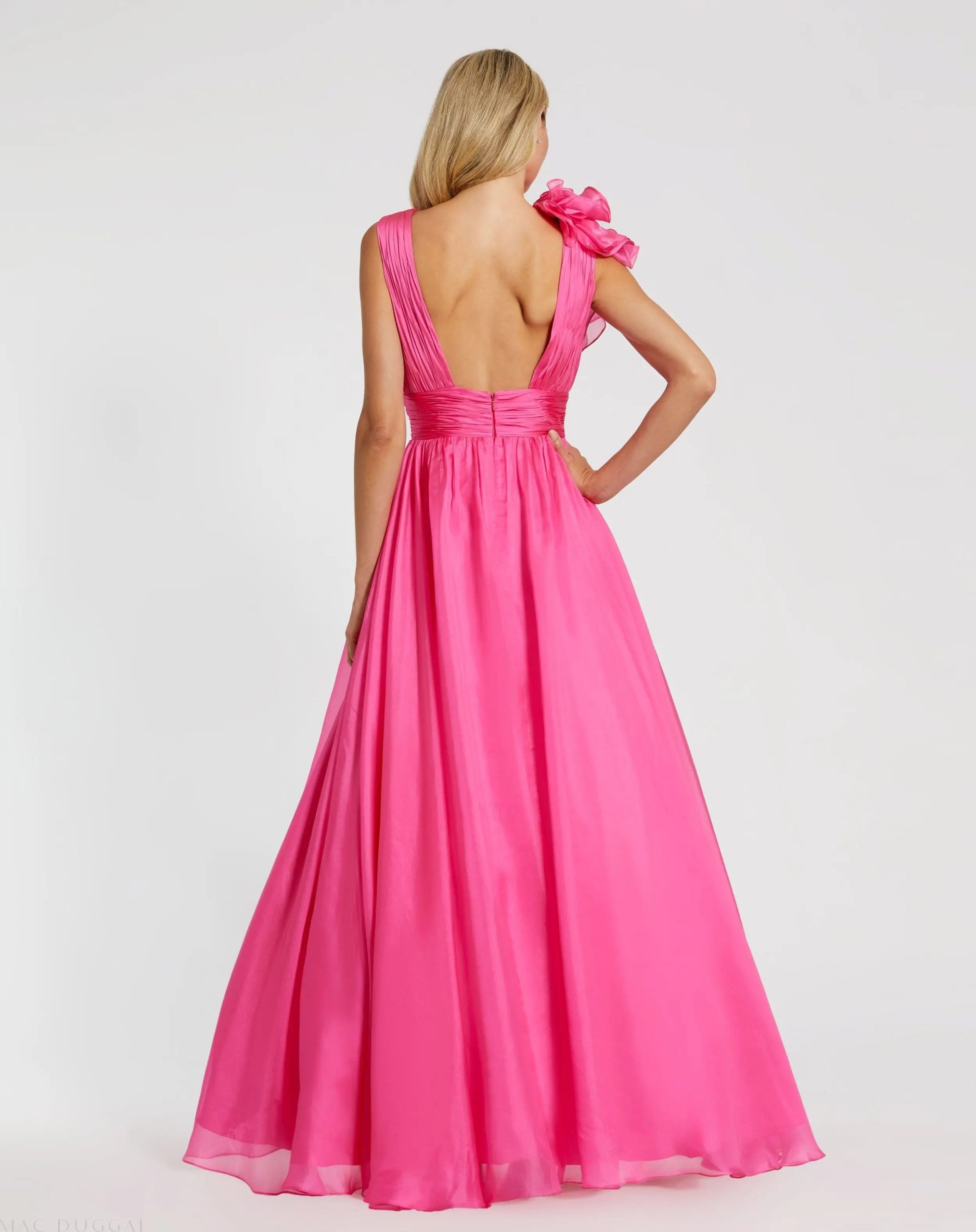 Pink Ruffle Shoulder V-Neck Chiffon Gown - Image 3
