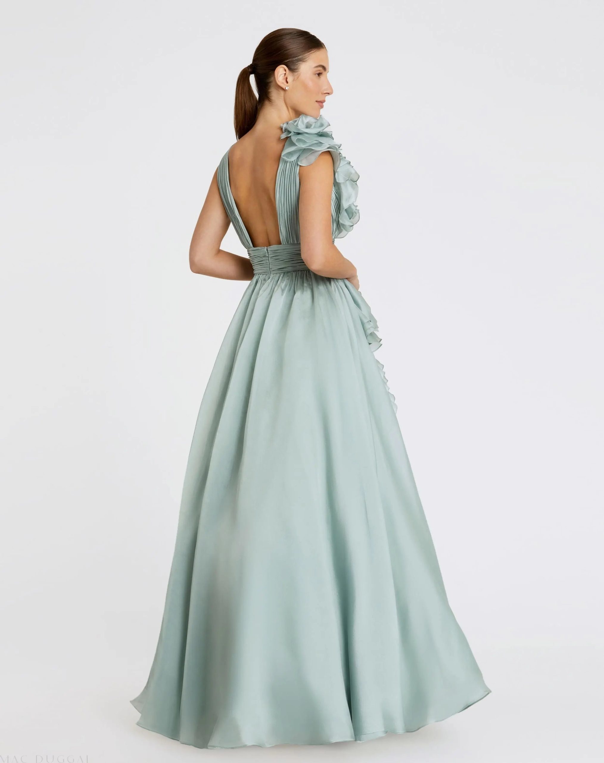 Green Ruffle Shoulder V-Neck Chiffon Gown - Image 3