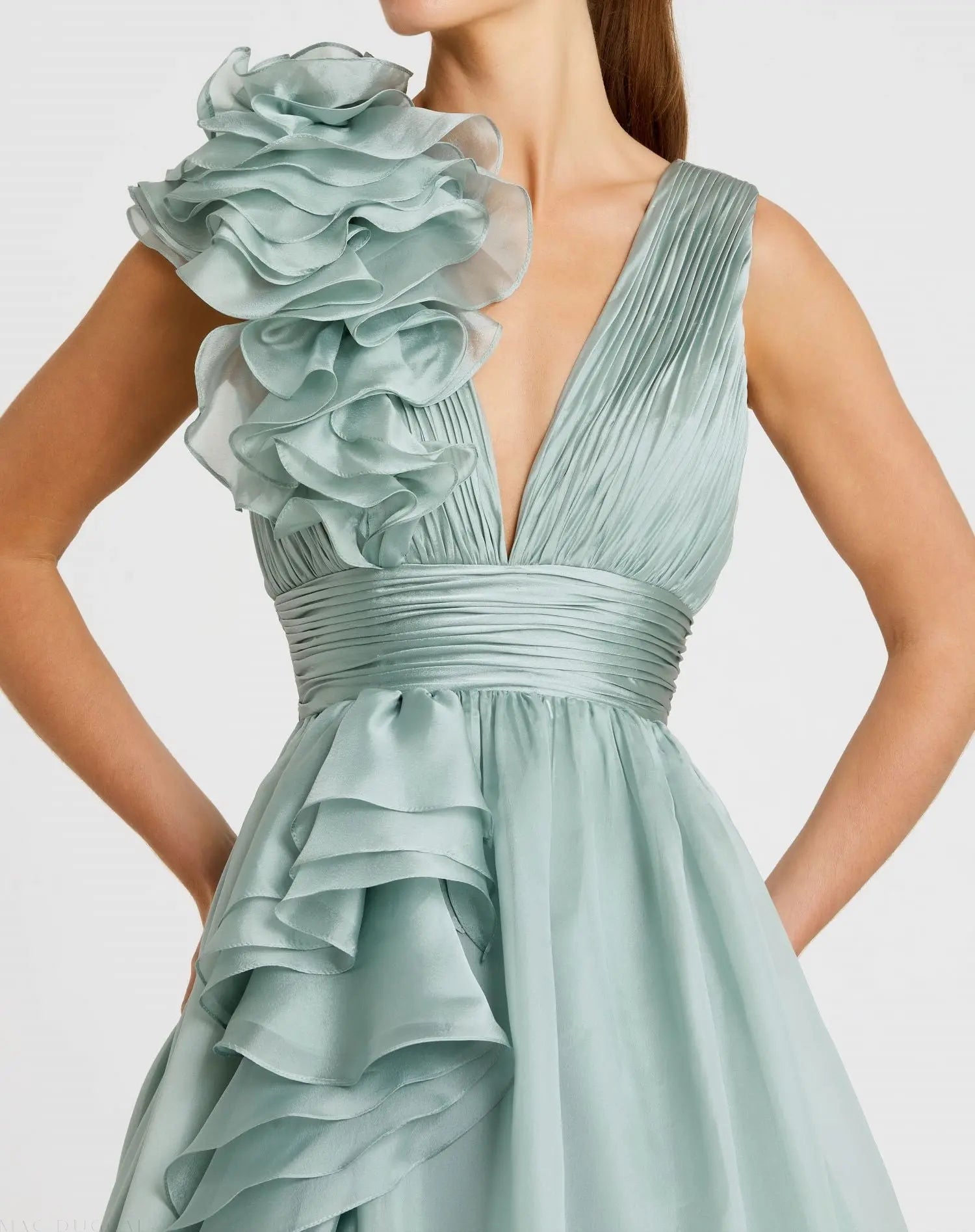 Green Ruffle Shoulder V-Neck Chiffon Gown - Image 2