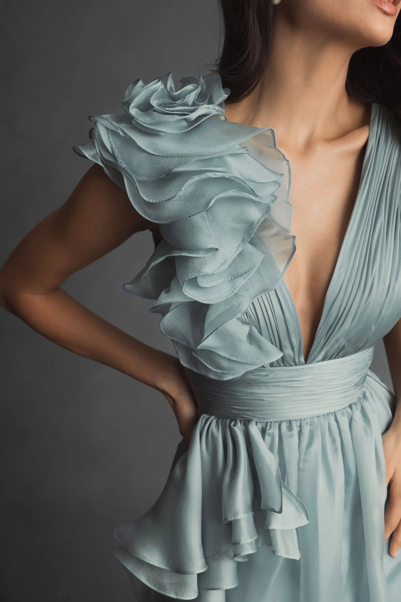 Green Ruffle Shoulder V-Neck Chiffon Gown - Image 5
