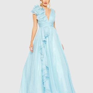 Light Blue Ruffle Shoulder V-Neck Chiffon Gown