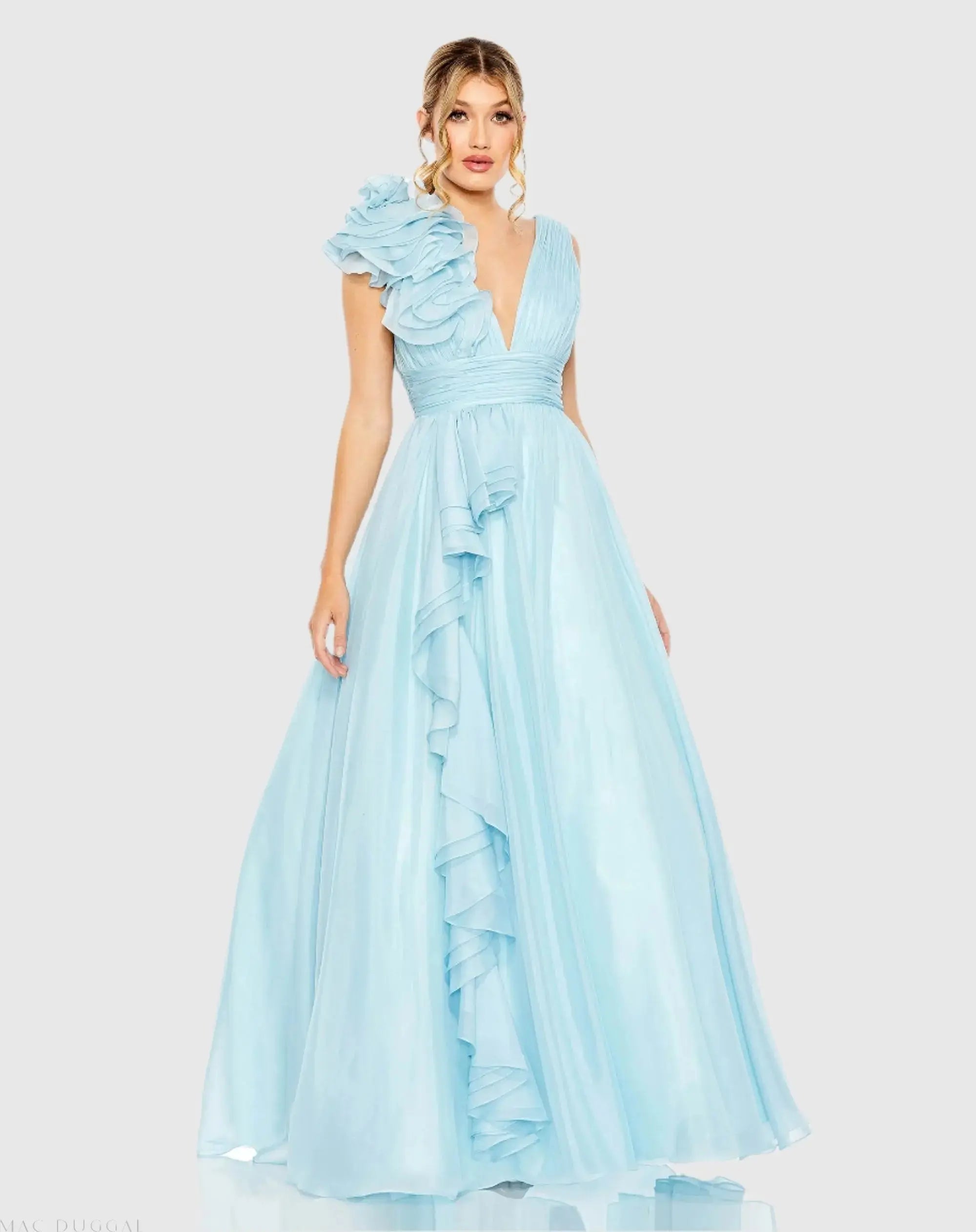 Ruffle Shoulder V-Neck Chiffon Gown - Image 8