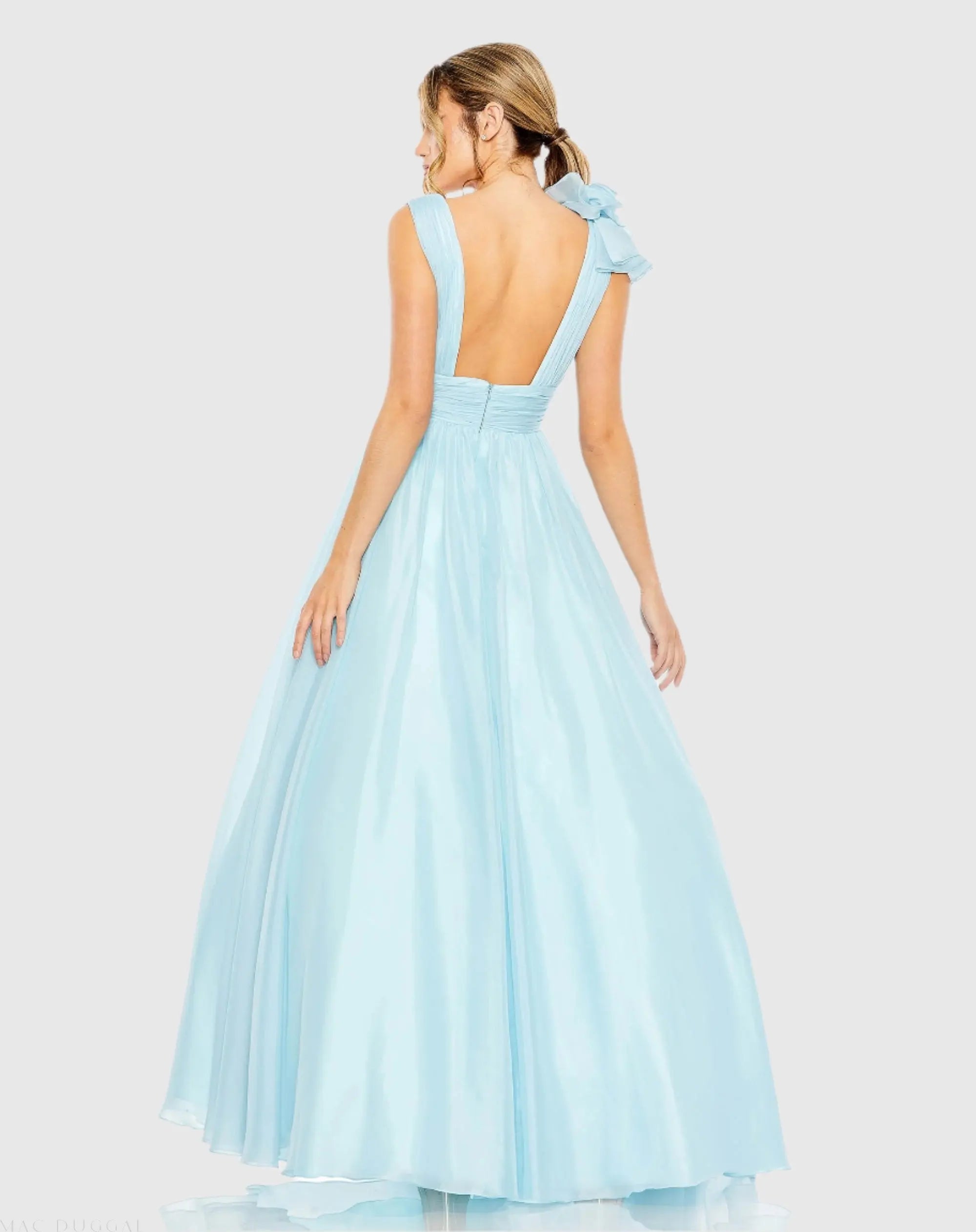 Light Blue Ruffle Shoulder V-Neck Chiffon Gown - Image 3