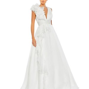 White Ruffle Shoulder V-Neck Chiffon Gown