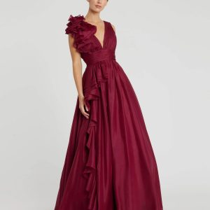 Burgundy Ruffle Shoulder V-Neck Chiffon Gown