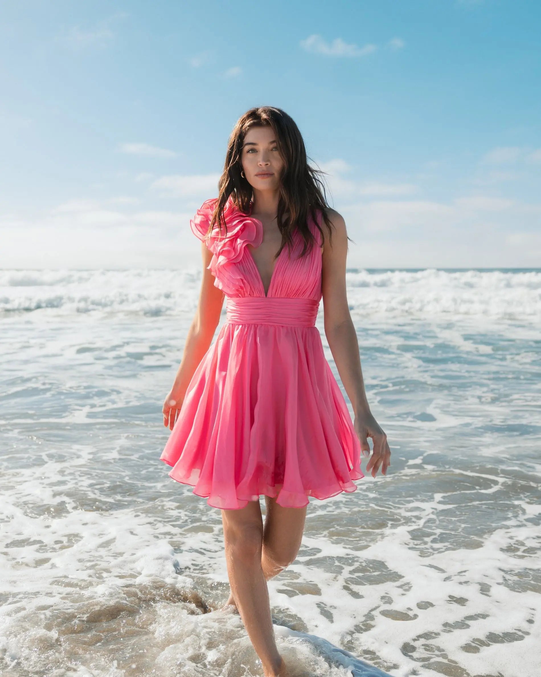 Pink Ruffle V Neck Fit & Flare Mini Dress - Image 4