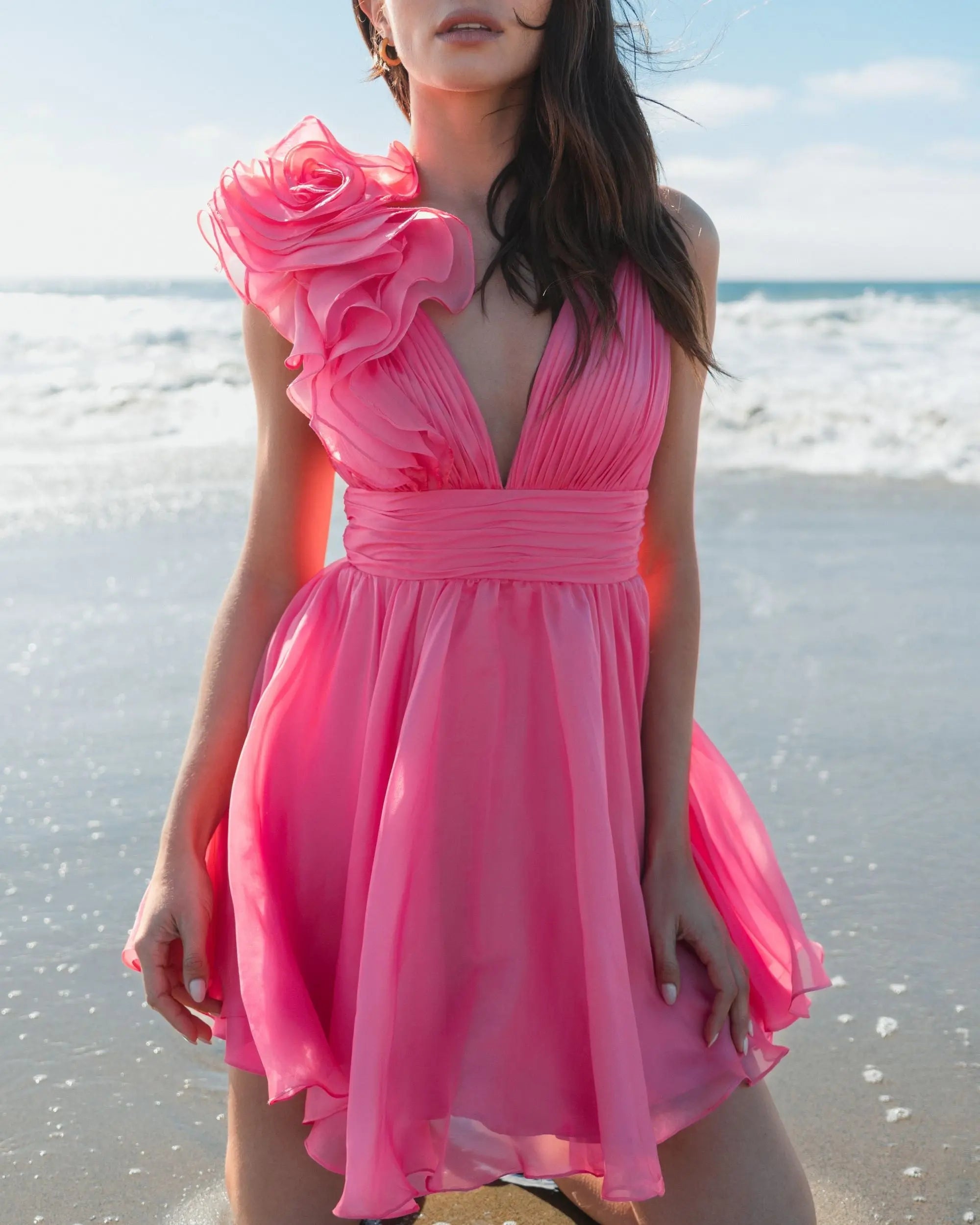 Pink Ruffle V Neck Fit & Flare Mini Dress - Image 5