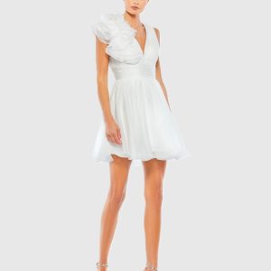 White Ruffle V Neck Fit & Flare Mini Dress