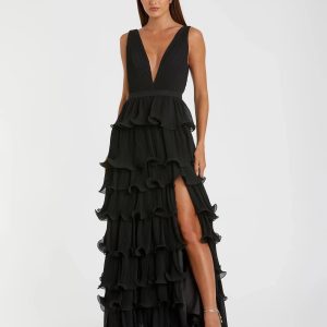 Black Sleeveless Ruffle Tiered V Neck Gown