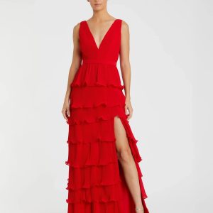Red Sleeveless Ruffle Tiered V Neck Gown