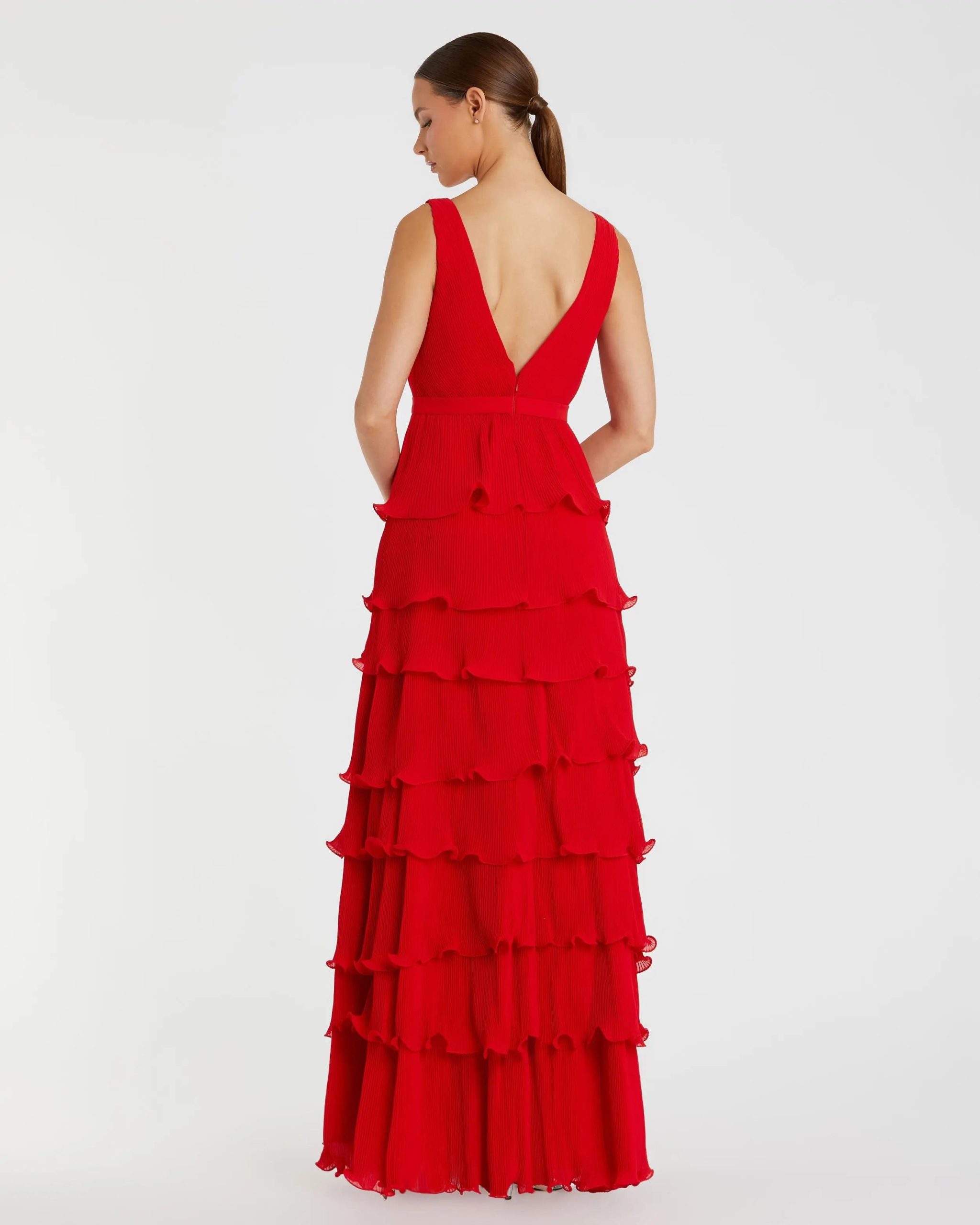 Red Sleeveless Ruffle Tiered V Neck Gown - Image 3