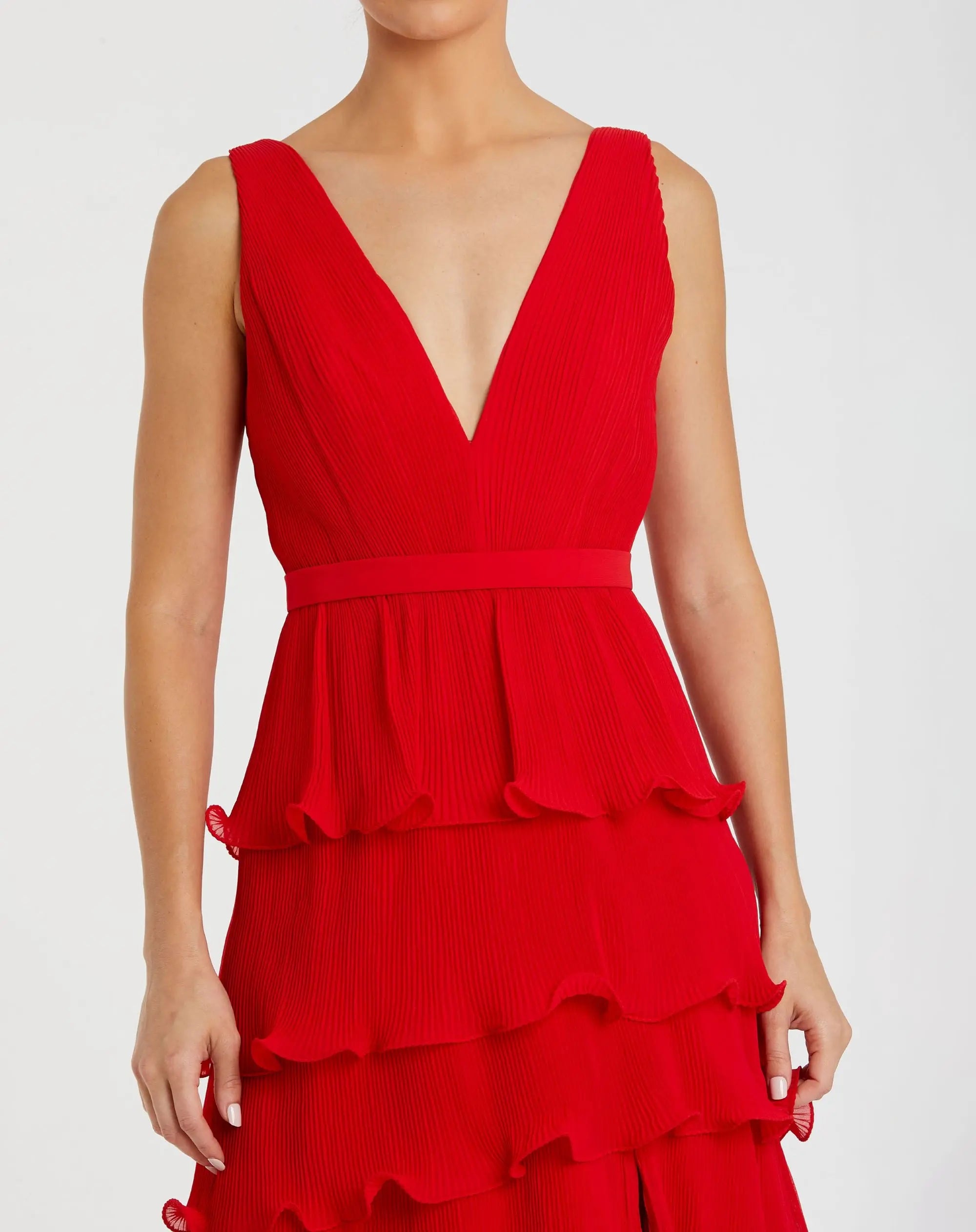 Red Sleeveless Ruffle Tiered V Neck Gown - Image 2