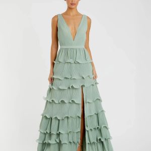 Green Sleeveless Ruffle Tiered V Neck Gown