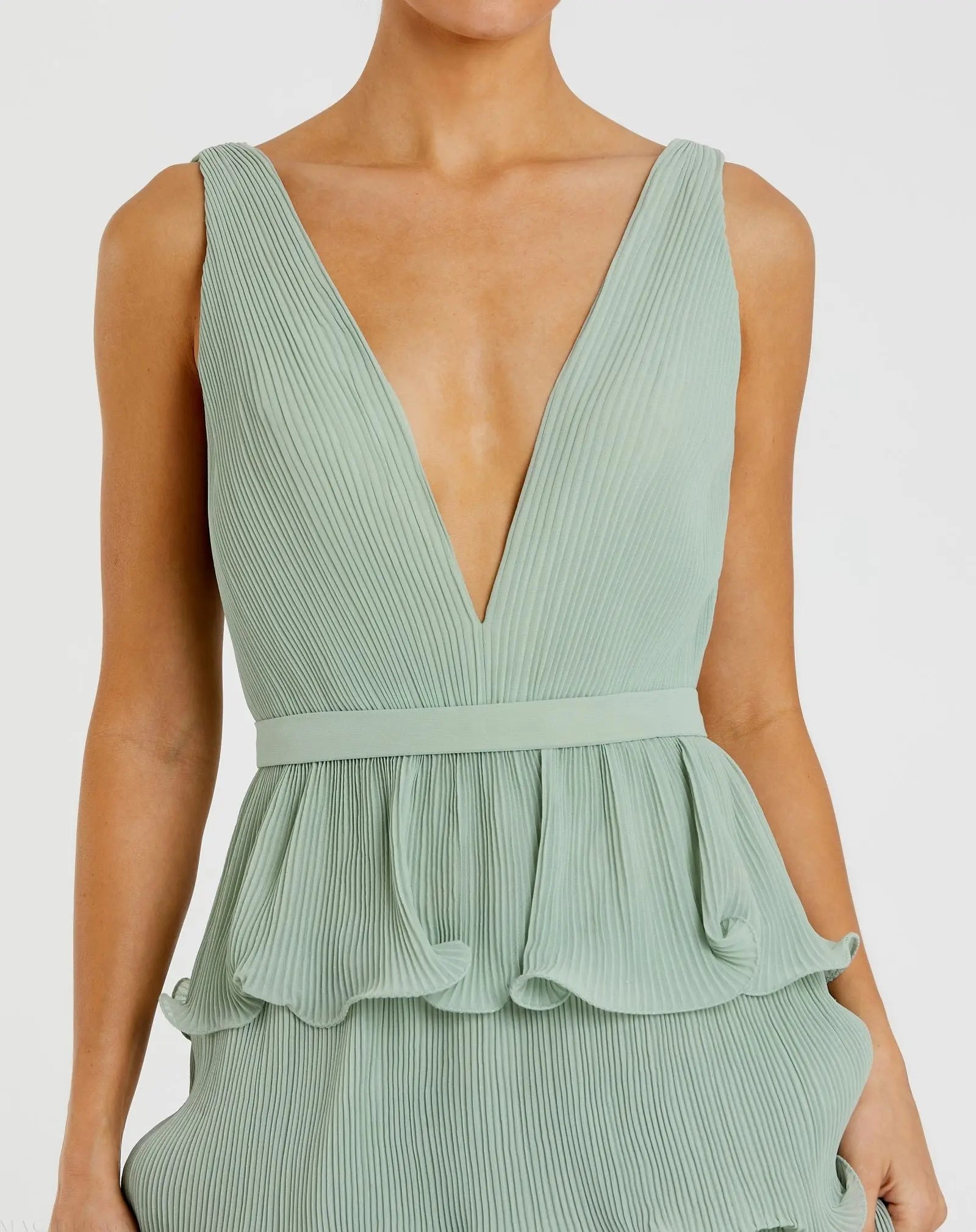 Green Sleeveless Ruffle Tiered V Neck Gown - Image 2