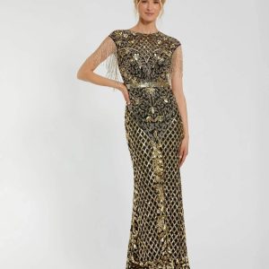 Black High Neck Beaded Fringe Fitted Gown