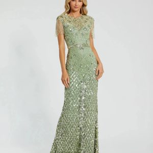 Green High Neck Beaded Fringe Fitted Gown