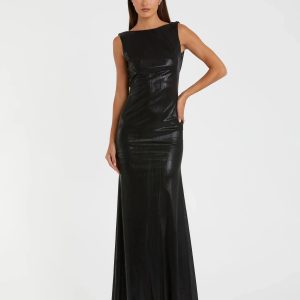 Black Metallic Jersey Cowl Back Column Gown