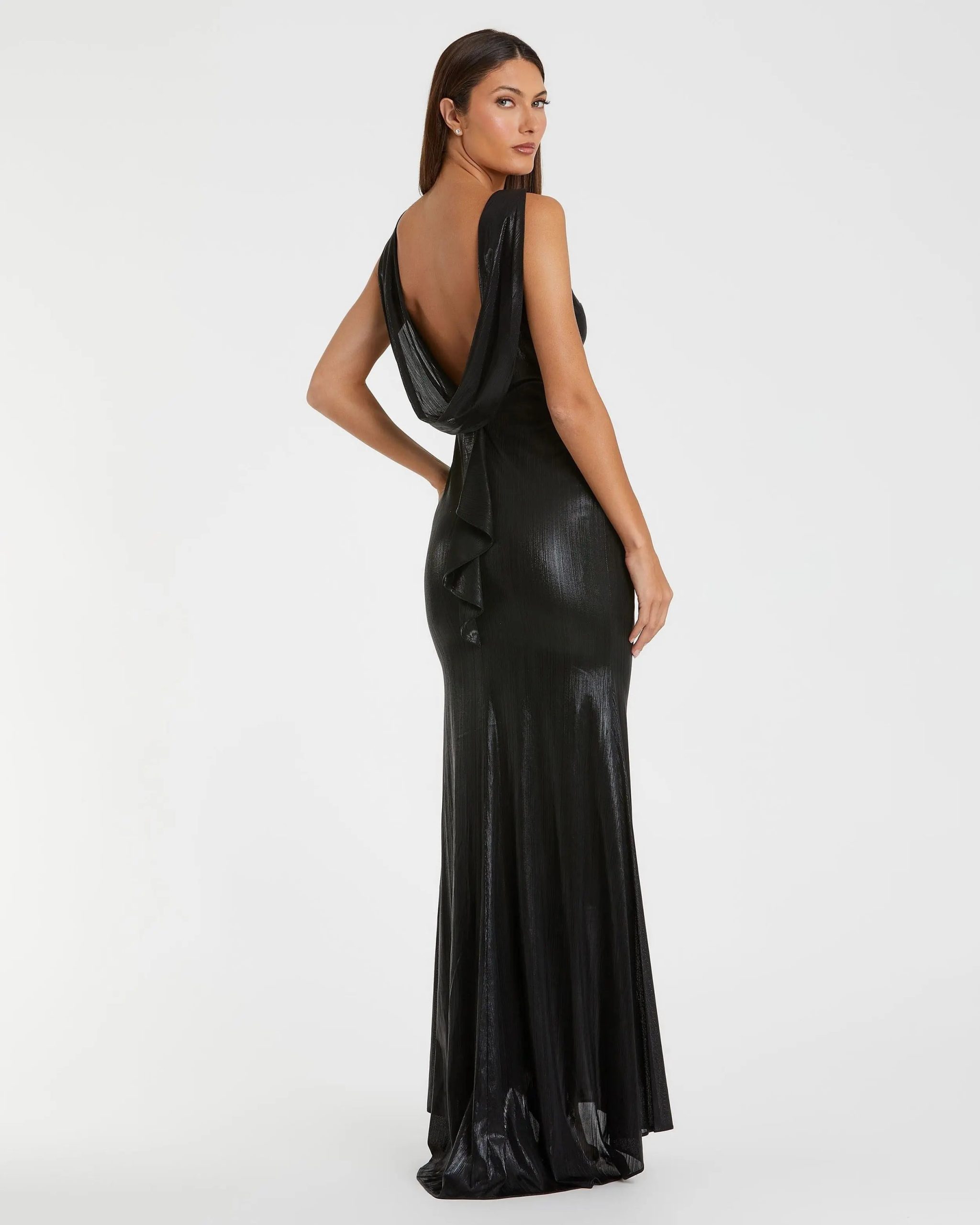 Black Metallic Jersey Cowl Back Column Gown - Image 3