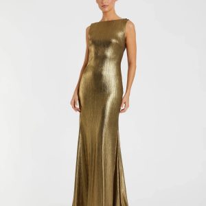 Gold Metallic Jersey Cowl Back Column Gown