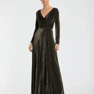 Black Long Sleeve Faux Wrap A Line Gown - FINAL SALE