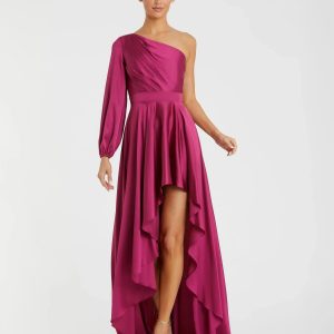 Purple Long Sleeve One Shoulder Satin High Low A-line Gown - FINAL SALE