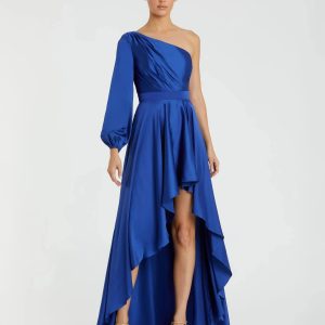 Dark Blue Long Sleeve One Shoulder Satin High Low A-line Gown - FINAL SALE