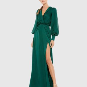 Green Bishop Sleeve Faux Wrap Gown