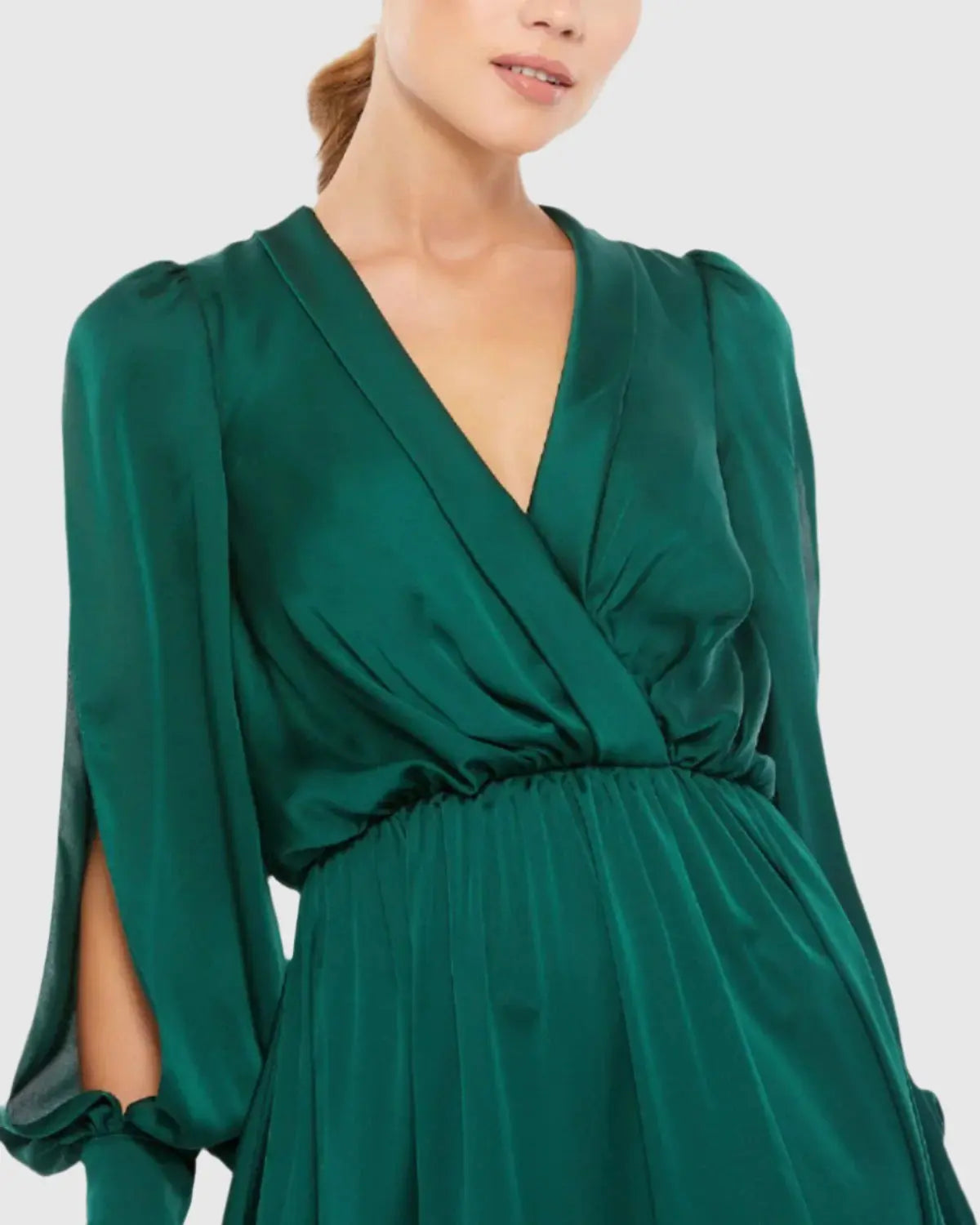 Green Bishop Sleeve Faux Wrap Gown - Image 2